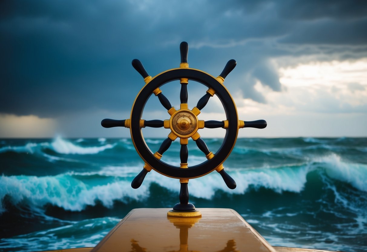 A ship's wheel with a golden insignia, surrounded by a sea of swirling waves under a stormy sky