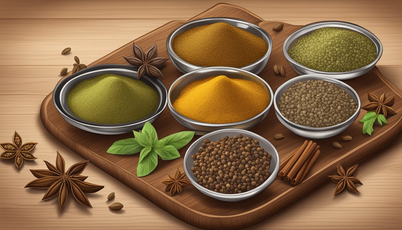 A variety of aromatic spices arranged on a wooden cutting board, including cumin, coriander, cardamom, and cloves