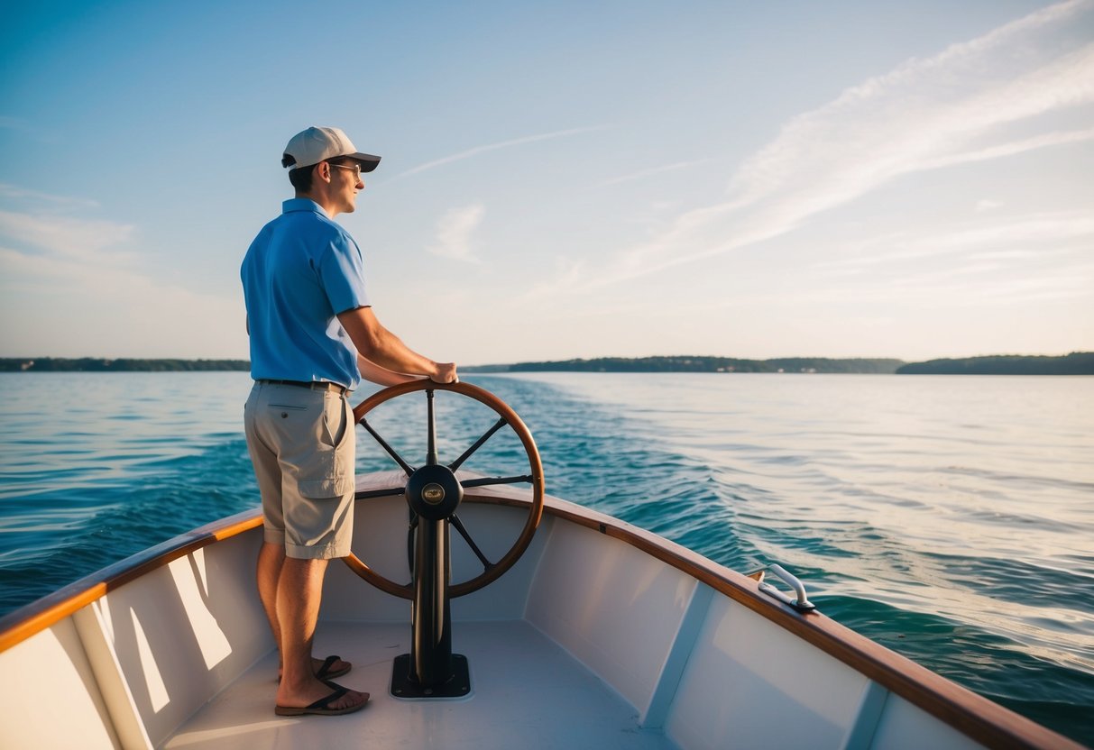 A person standing at the helm of a small boat, confidently steering the vessel through calm waters on a sunny day