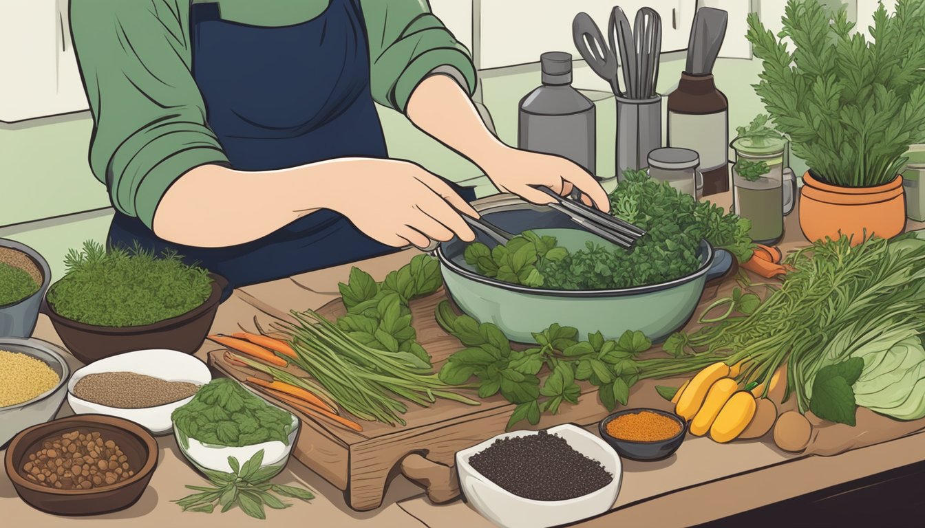 A person preparing a meal using a variety of fresh herbs and spices, carefully selecting ingredients to accommodate various health considerations and dietary restrictions