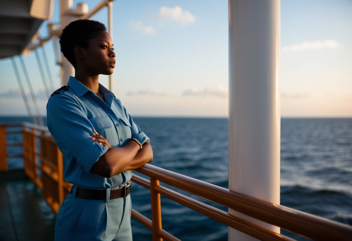 A figure confidently standing on a ship's deck, gazing out at the sea with a determined expression