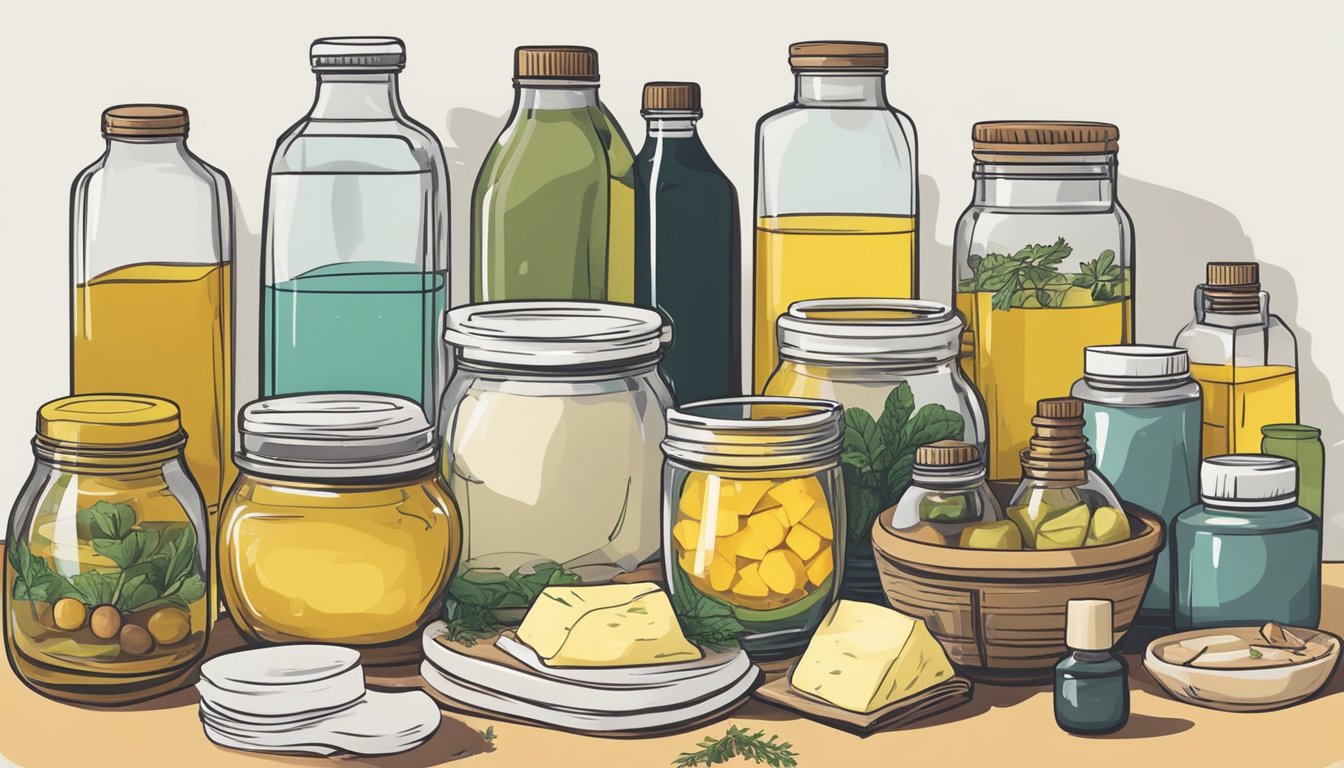 A kitchen counter with various types of oils and butter alternatives neatly organized in jars and bottles, alongside a stack of recipe books and a shopping list