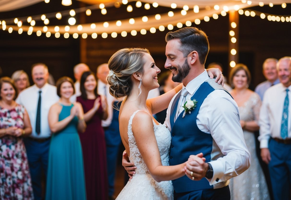 A bride and groom dance under twinkling lights, surrounded by smiling guests
