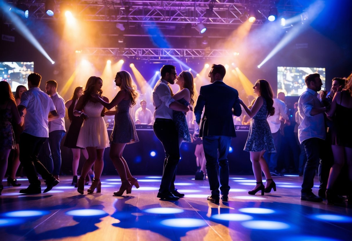A crowded dance floor with a DJ booth in the background, lights flashing and couples swaying to the music