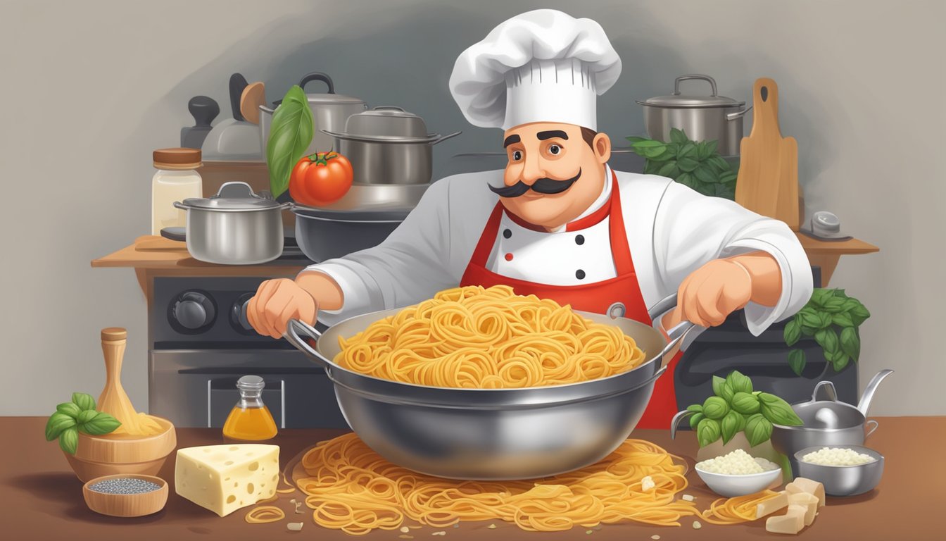 A chef holds a bowl of gigli pasta, surrounded by ingredients like tomatoes, basil, and cheese. A pot of boiling water steams on the stove