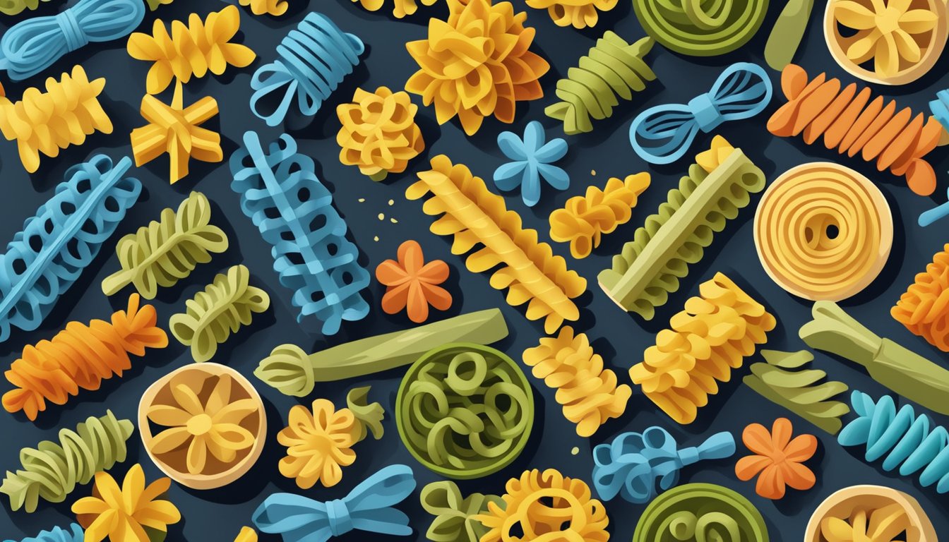 A colorful array of alternative pasta shapes arranged on a wooden cutting board. Bowties, penne, fusilli, and rotini are neatly organized in rows