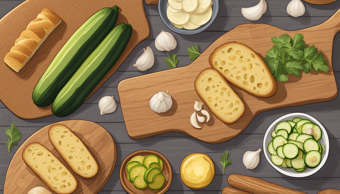 A variety of garlic bread substitutes arranged on a wooden cutting board, including whole grain baguette, roasted cauliflower, and zucchini slices