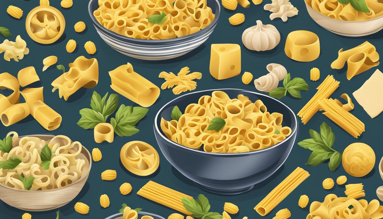 A bowl of gigli pasta surrounded by various alternative pasta shapes