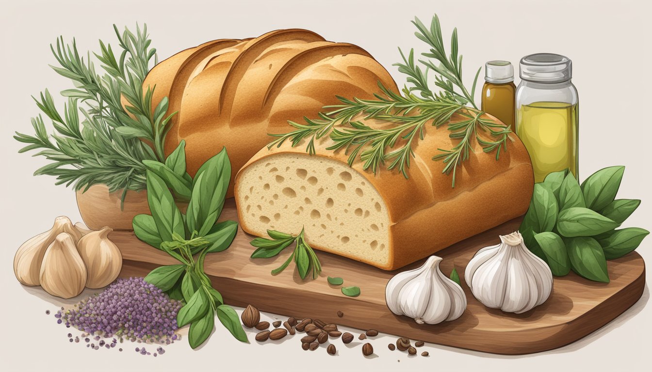 A variety of herbs and spices surround a loaf of garlic bread, including garlic cloves, rosemary, thyme, and oregano