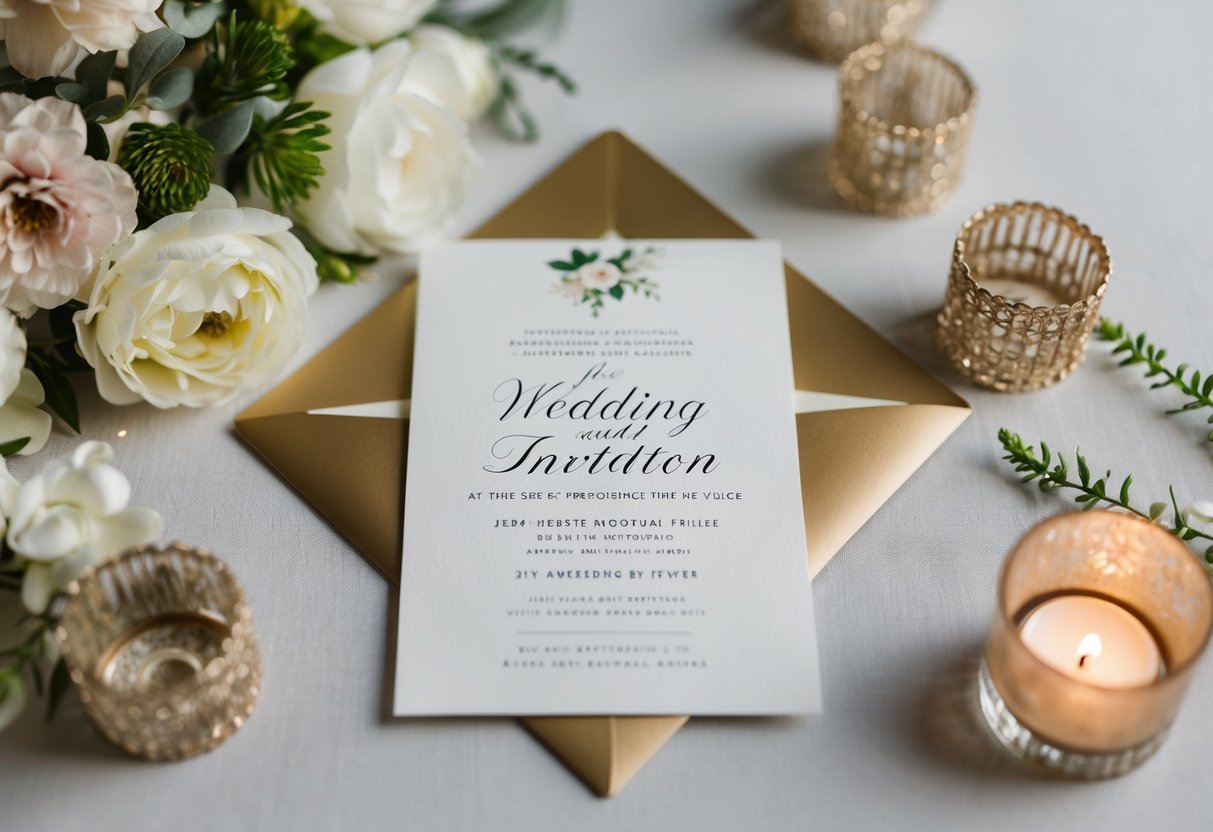 A wedding invitation lying on a table, surrounded by elegant decorations and flowers