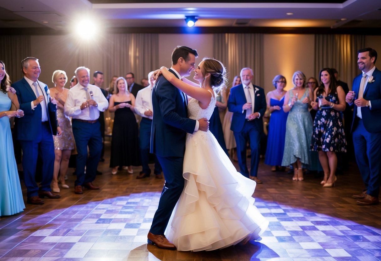 A couple dances in a spotlight, surrounded by guests. Music fills the air as they share a tender moment on the dance floor