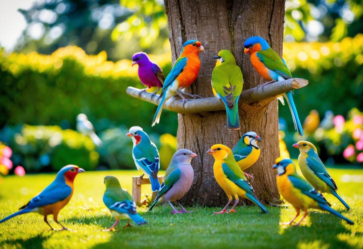 A group of colorful birds gather in a lush garden, some perched on a grand tree and others mingling on the ground. One bird stands alone, looking uncertain as the others engage in lively conversation