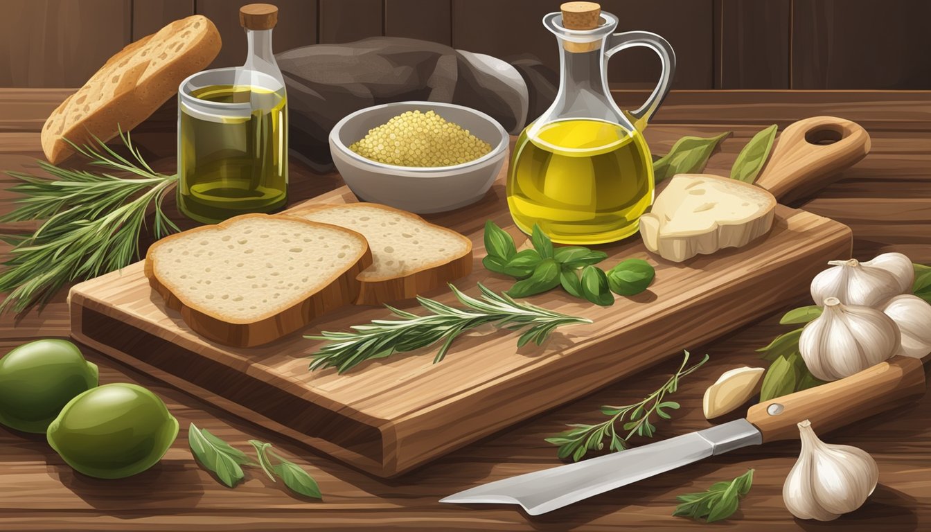 A wooden cutting board with various ingredients such as olive oil, minced garlic, herbs, and sliced bread arranged in a rustic kitchen setting