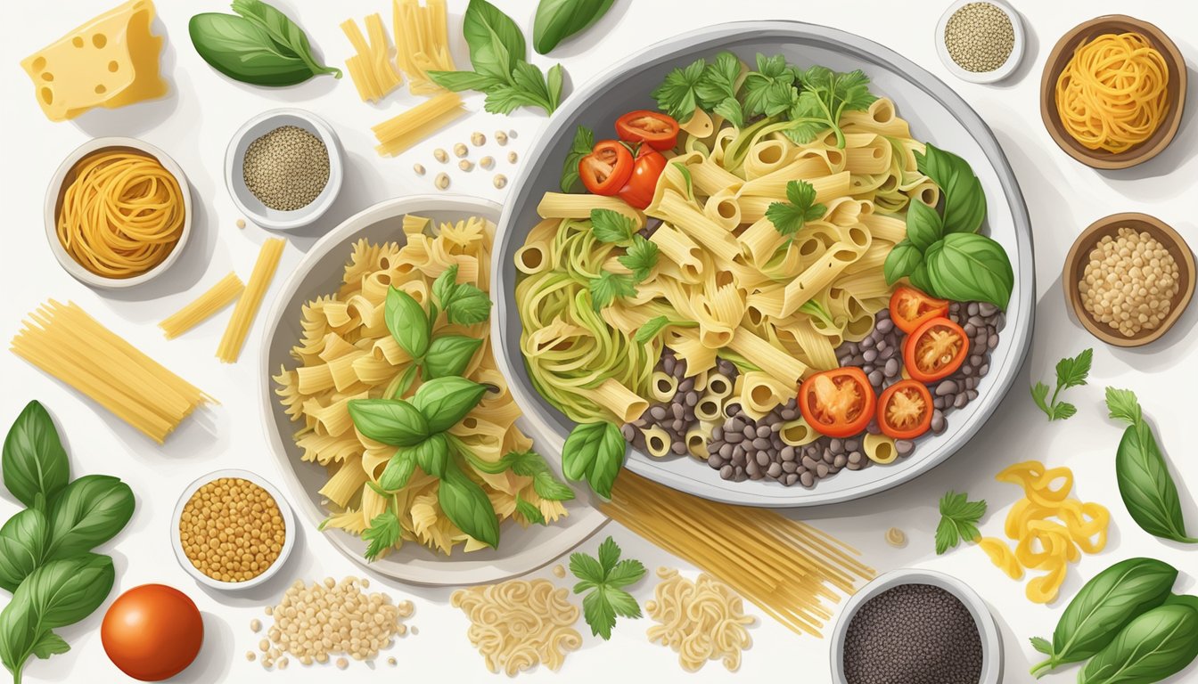 A bowl of gigli pasta surrounded by various healthy and dietary alternatives such as quinoa, zucchini noodles, and lentil pasta