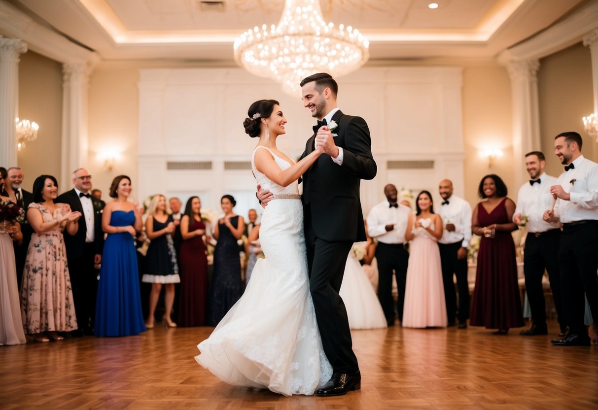 A couple dances in a softly lit ballroom, surrounded by friends and family, as a romantic melody fills the air