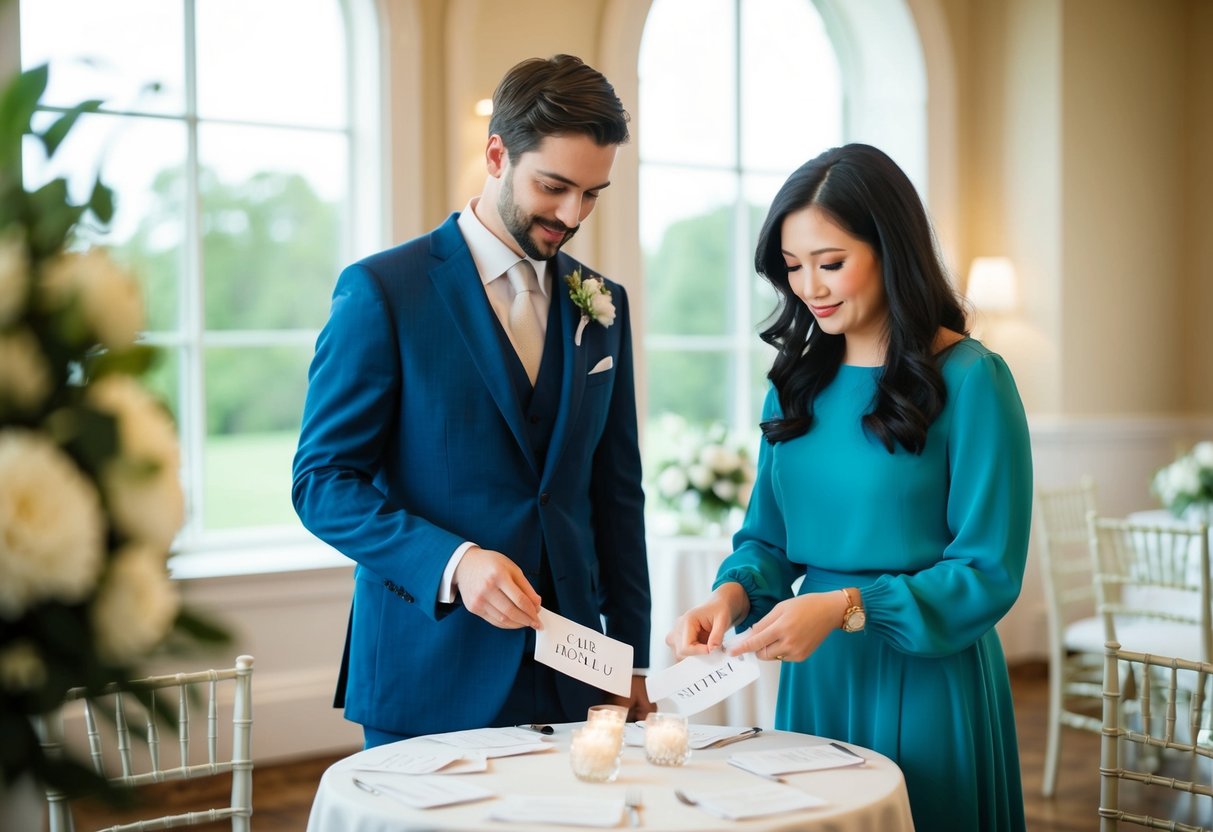 A couple standing in front of a small, elegant table, carefully selecting names from a guest list. The atmosphere is serene and thoughtful