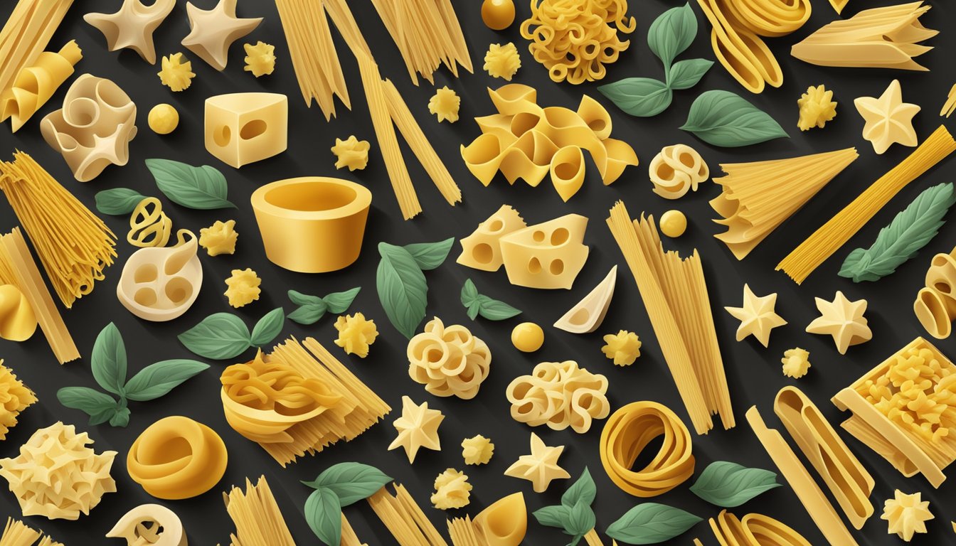 A variety of Italian pasta shapes arranged on a wooden table, including gigli, with their unique characteristics highlighted