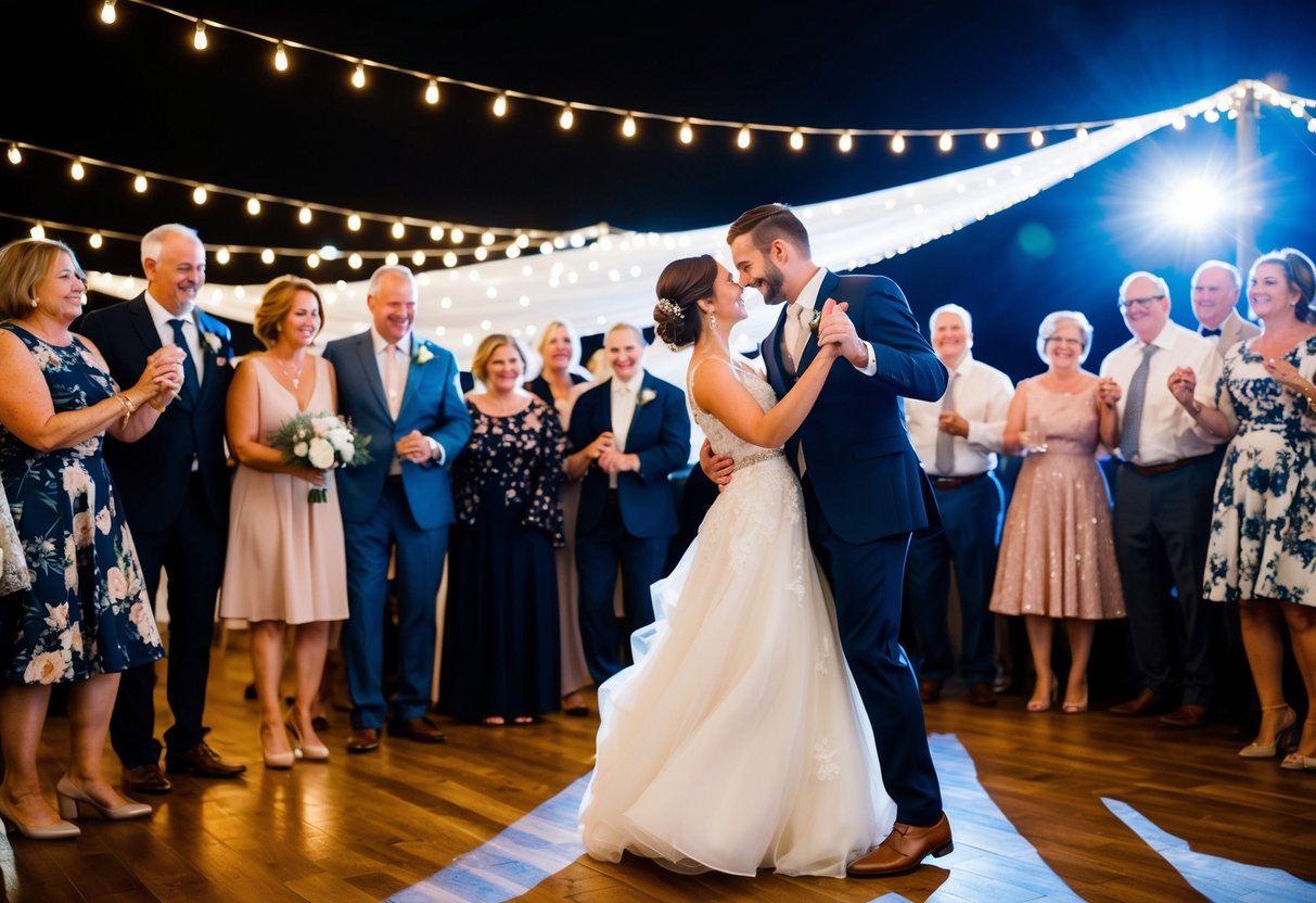 A couple dances under twinkling lights, surrounded by family and friends, as the most played first dance wedding song fills the air with romance