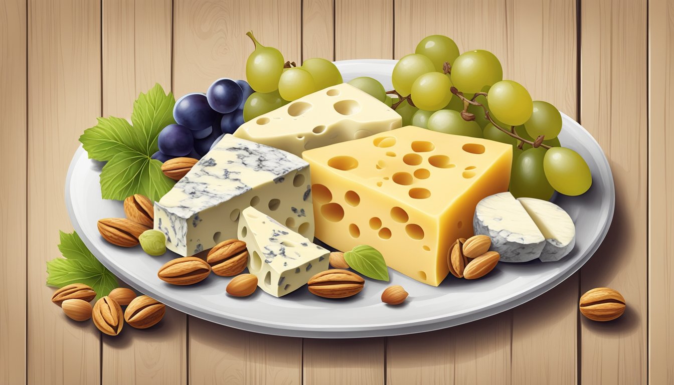 A rustic wooden table with a variety of cheeses, grapes, and nuts arranged around a plate of gigli pasta