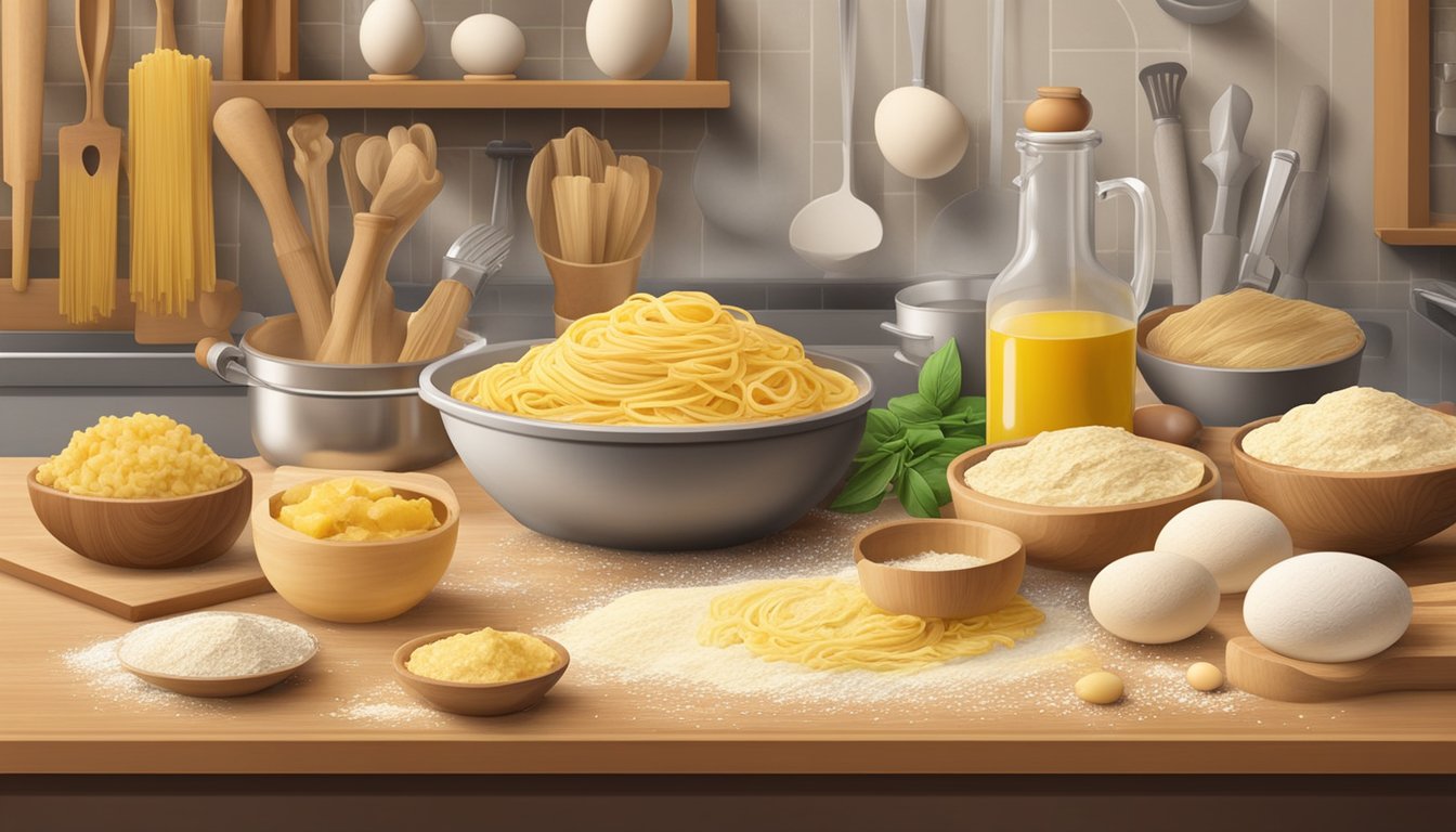 A wooden countertop with flour, eggs, and a mound of fresh pasta dough, surrounded by various pasta-making tools and utensils