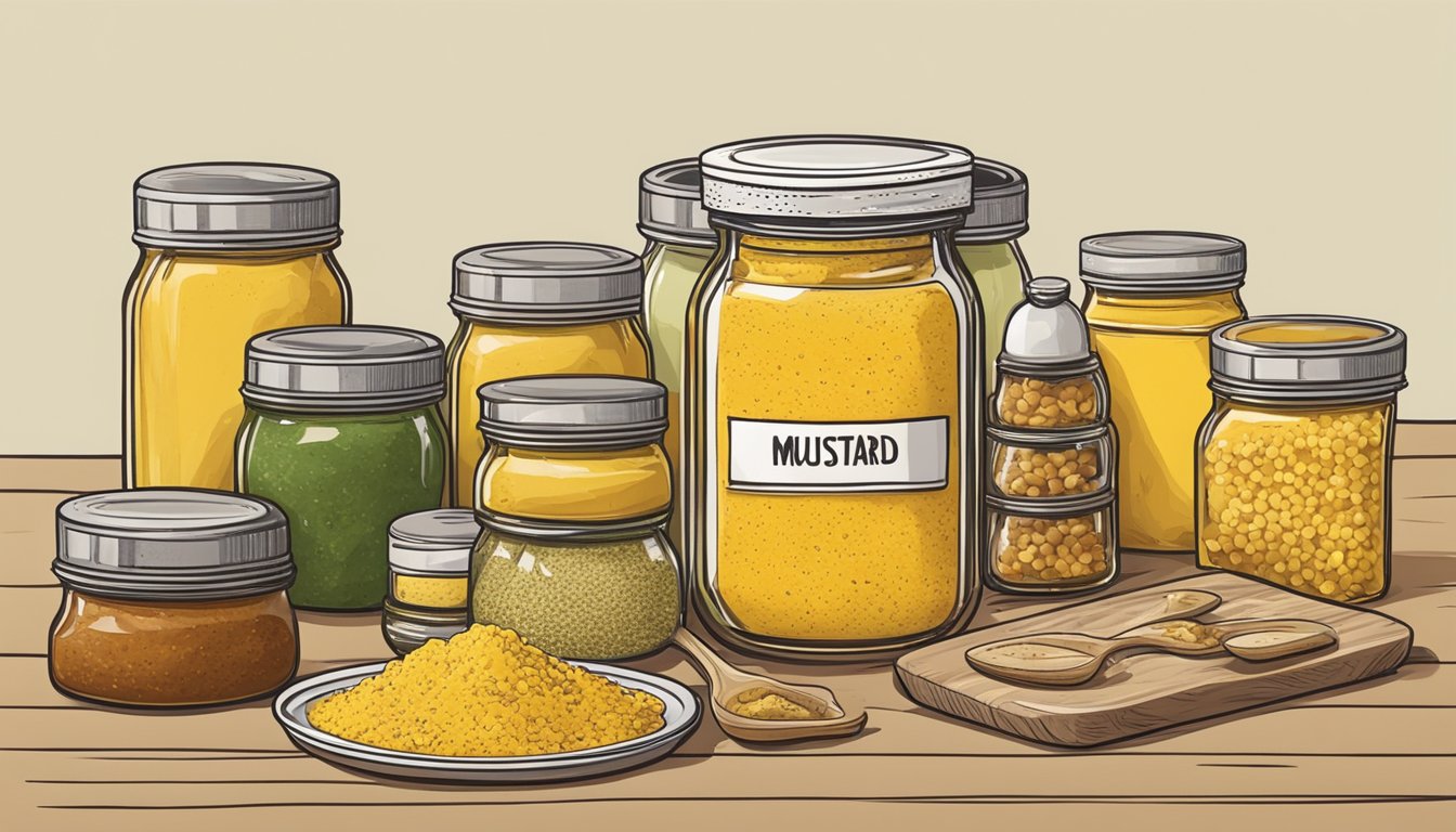 A jar of German mustard surrounded by various alternative condiments on a kitchen counter