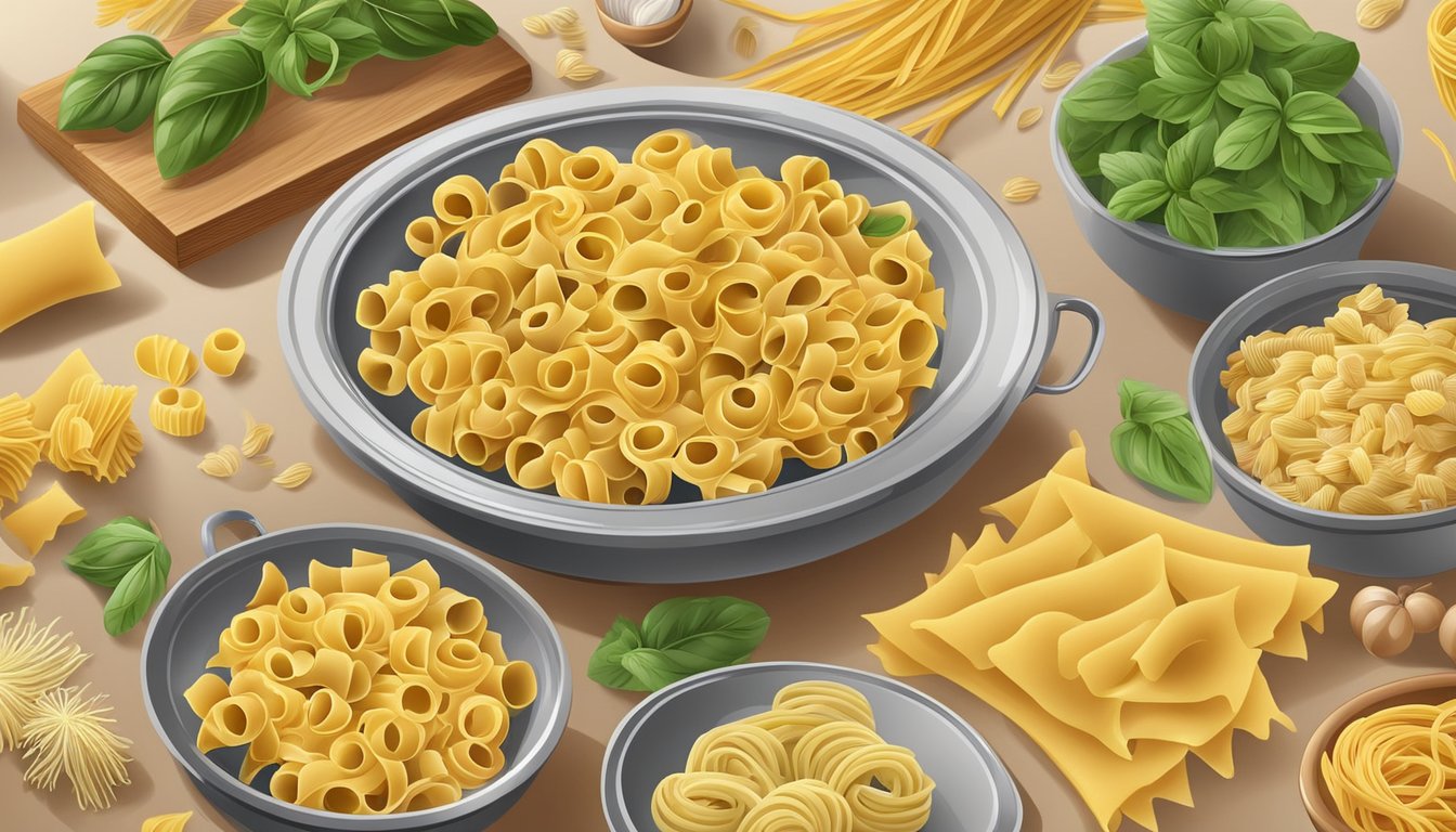 A table with various pasta shapes, surrounded by ingredients and cookware