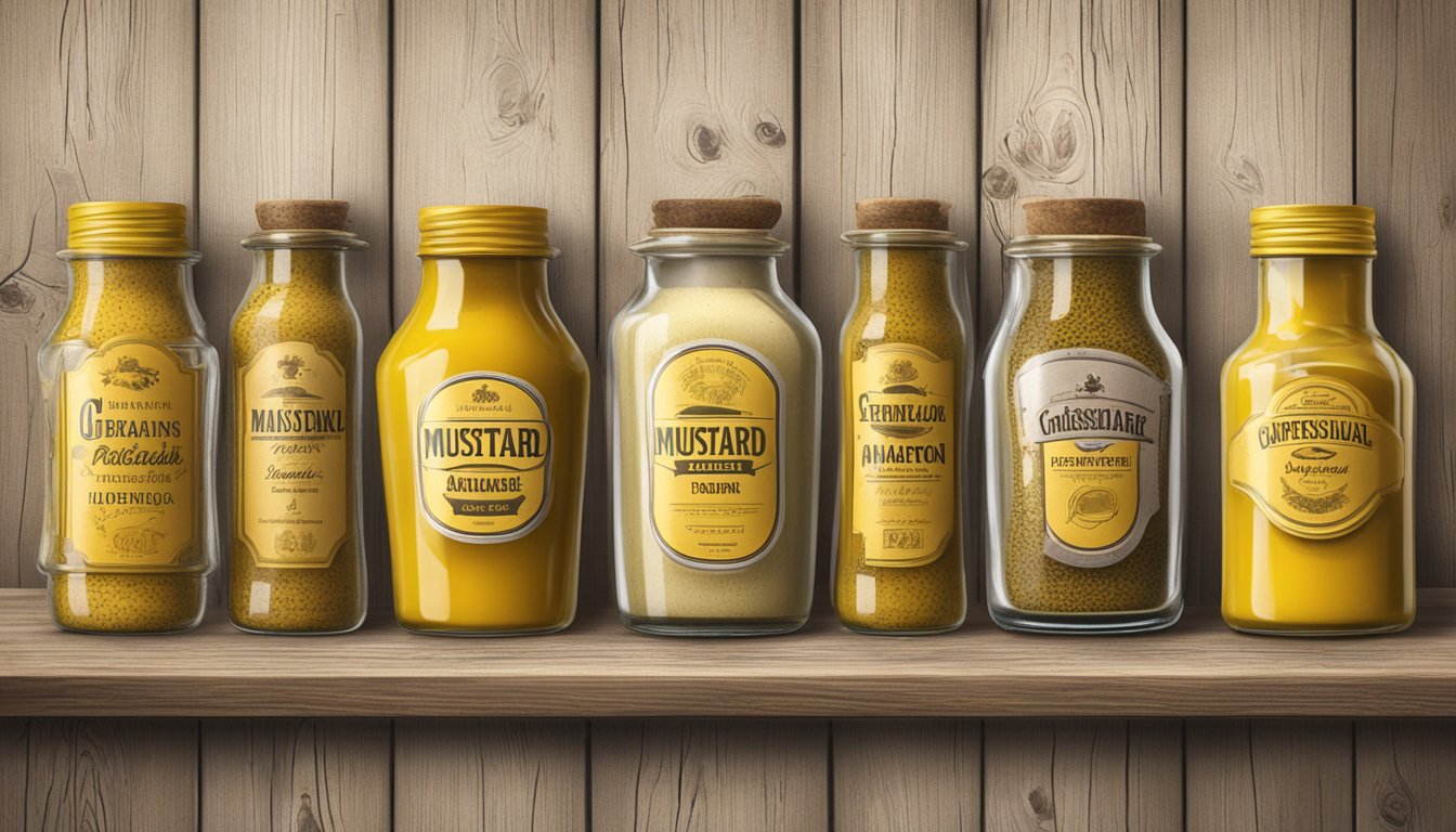 A spread of various mustard jars with labels, including German variants, on a rustic wooden table