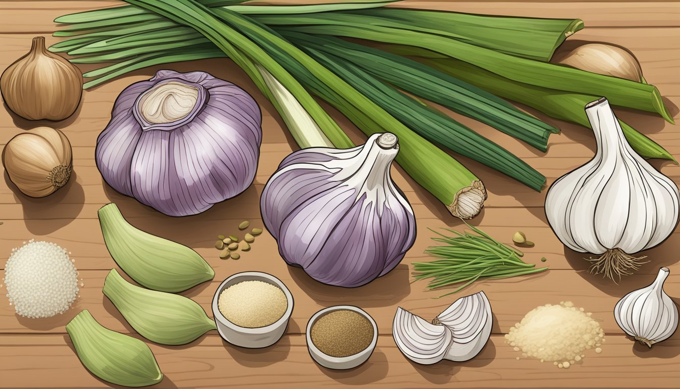 A variety of garlic substitutes arranged on a wooden cutting board. Options include shallots, leeks, chives, and garlic powder