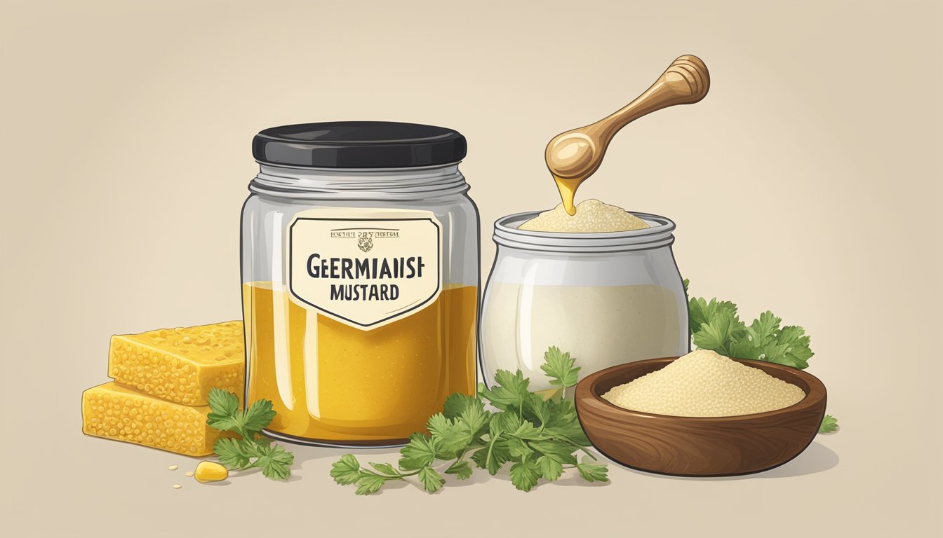 A jar of German mustard sits next to a bowl of alternative ingredients like honey, horseradish, and vinegar