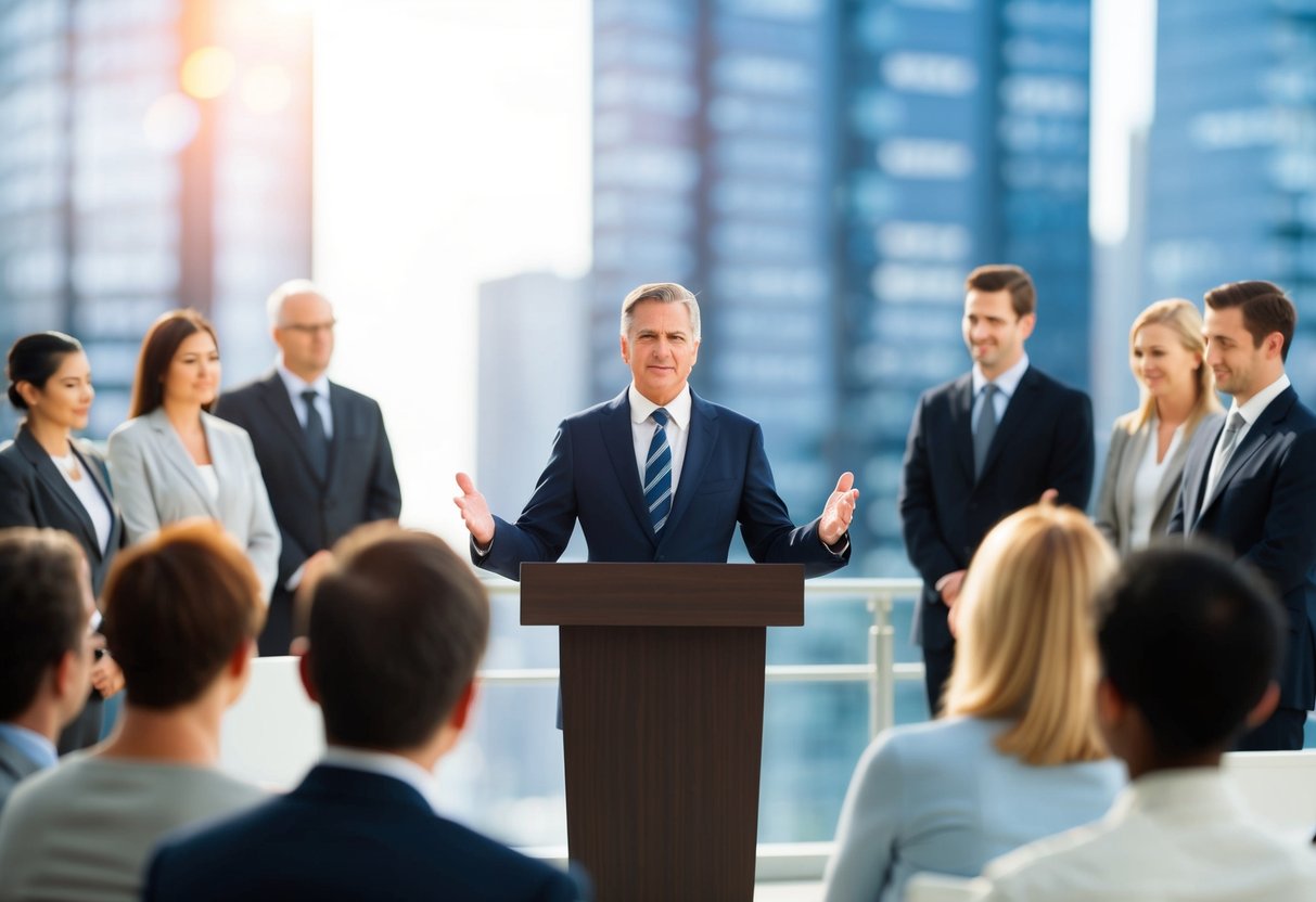 A figure standing at a podium, addressing a group of people with authority and confidence