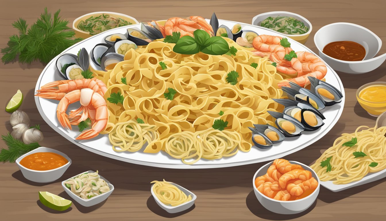 A plate of gigli pasta surrounded by an assortment of fresh seafood and various sauce pairings, arranged in an inviting and appetizing display