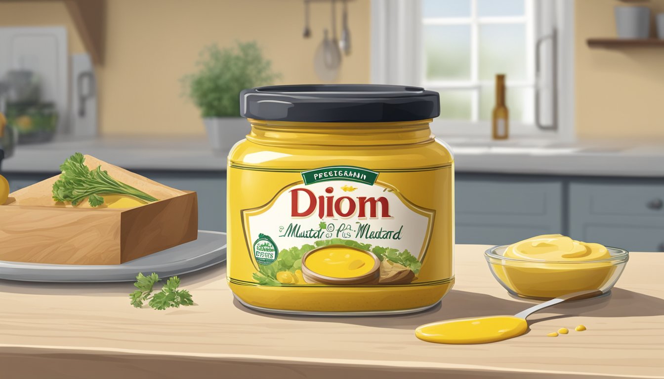 A jar of German mustard being replaced with a bottle of Dijon mustard on a kitchen counter