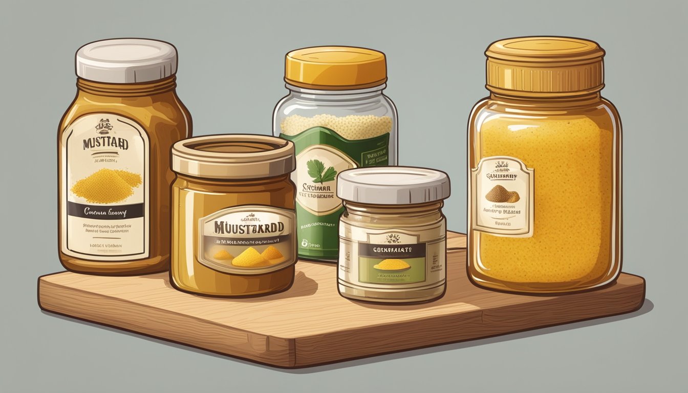 A jar of German mustard sits next to various substitute options like honey, horseradish, and vinegar on a wooden cutting board