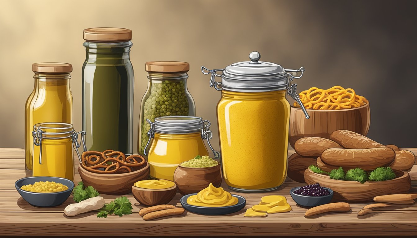 A jar of German mustard sits next to a variety of alternative condiments on a rustic wooden table, surrounded by traditional German dishes like pretzels and sausages