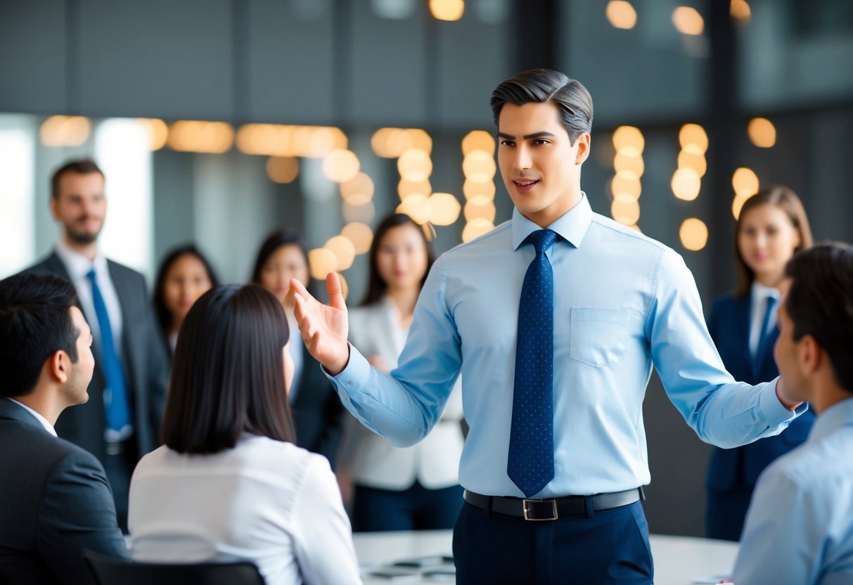 A figure standing in front of a group, gesturing and speaking confidently