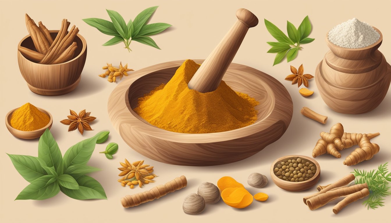 A wooden mortar and pestle grinding ginseng root into a fine powder, surrounded by various alternative ingredients like turmeric and ginger