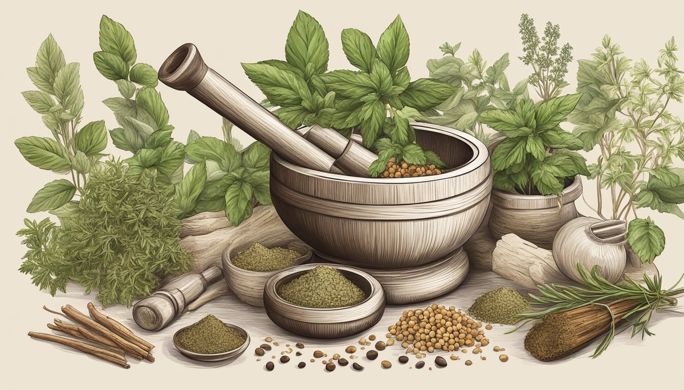 A wooden mortar and pestle grinding various herbs and roots, including ginseng, with scattered powders and herbs nearby