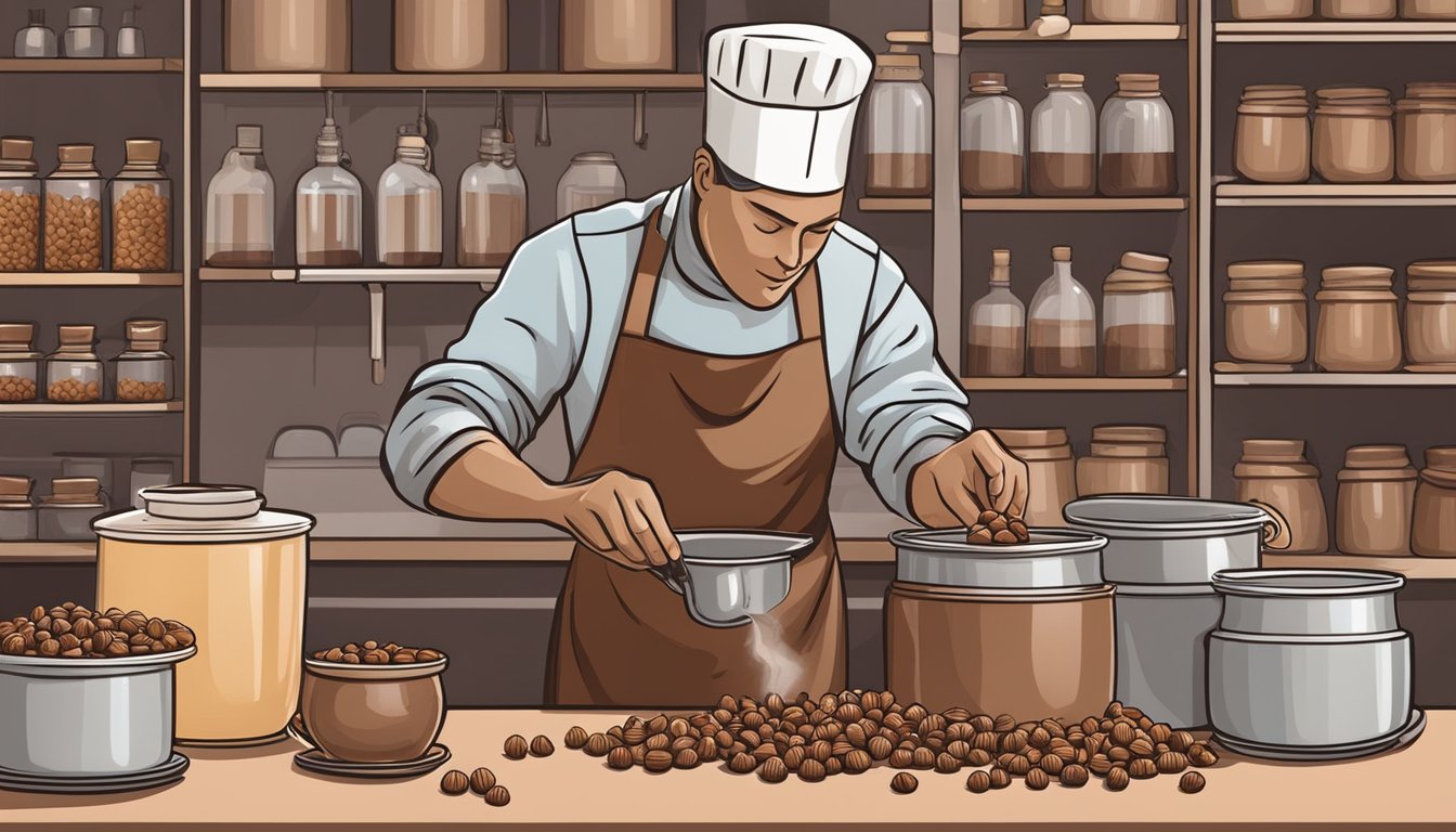 A chocolate factory worker blending hazelnuts and cocoa to create Gianduja