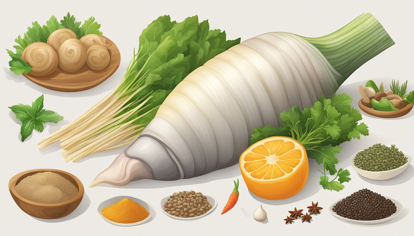 A geoduck nestled among various global cuisine ingredients, including spices, herbs, and exotic vegetables, ready to be used as a substitute in different dishes