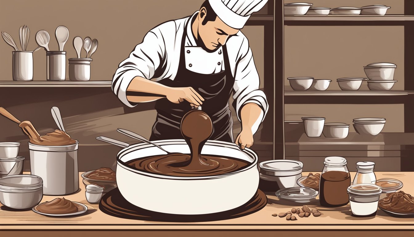 A chef mixing gianduja into a rich chocolate dessert batter