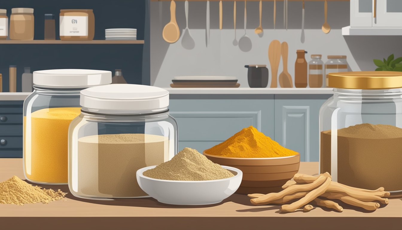 A jar of ginseng root powder sits next to various alternative substitutes such as maca powder, ashwagandha, and turmeric in a kitchen pantry