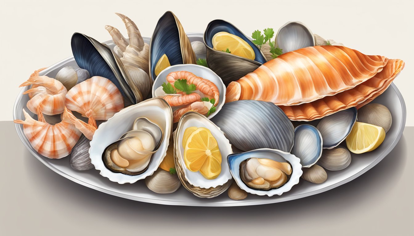 A variety of shellfish and seafood arranged on a platter, including clams, mussels, oysters, and scallops