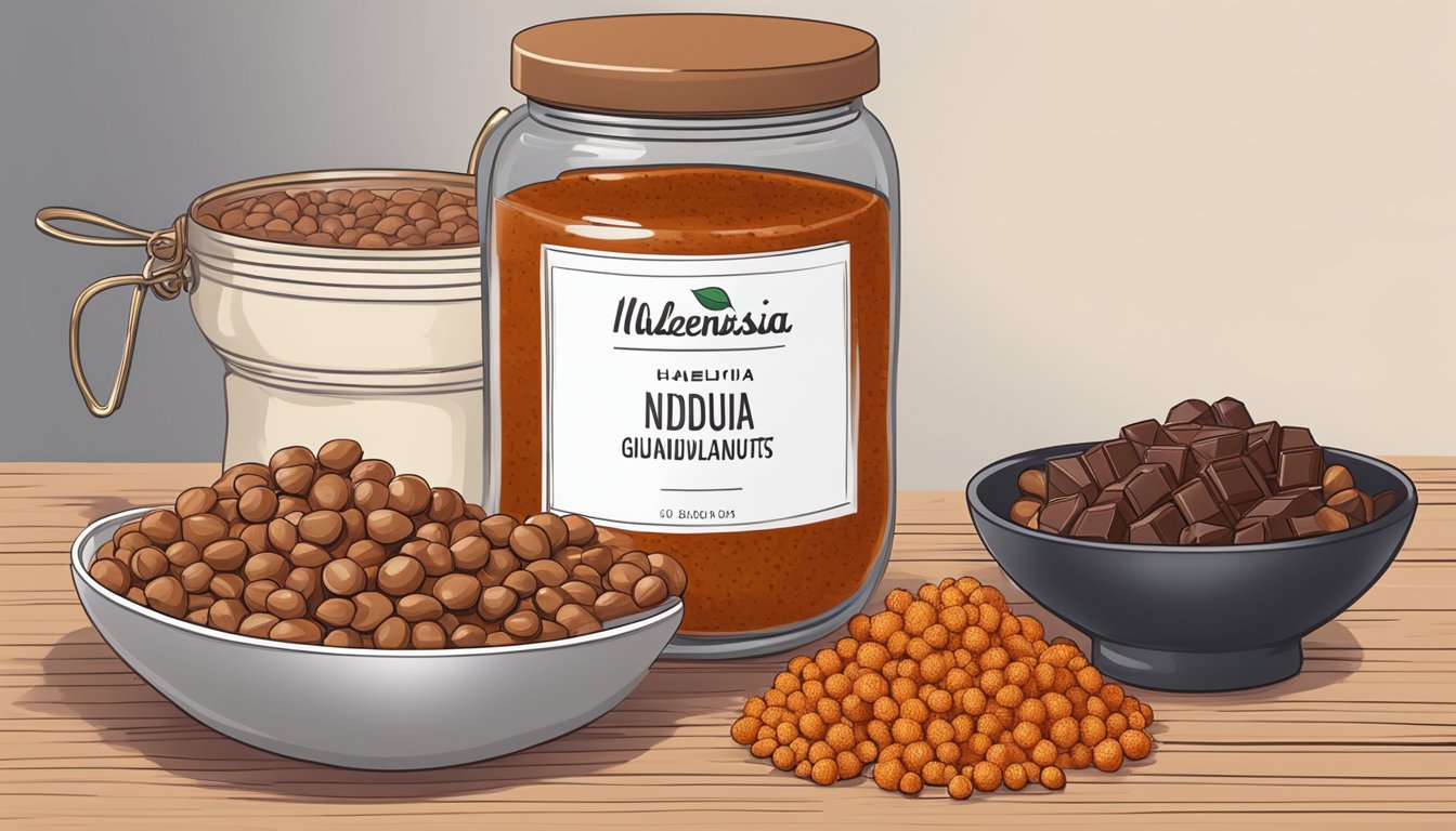 A jar of spicy nduja stands next to a bowl of hazelnuts and chocolate, ready to be mixed into a creamy gianduja substitute