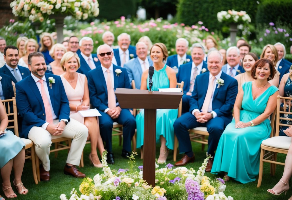 A small podium with a microphone stands in the center of a flower-filled garden, surrounded by joyful guests seated on wooden chairs