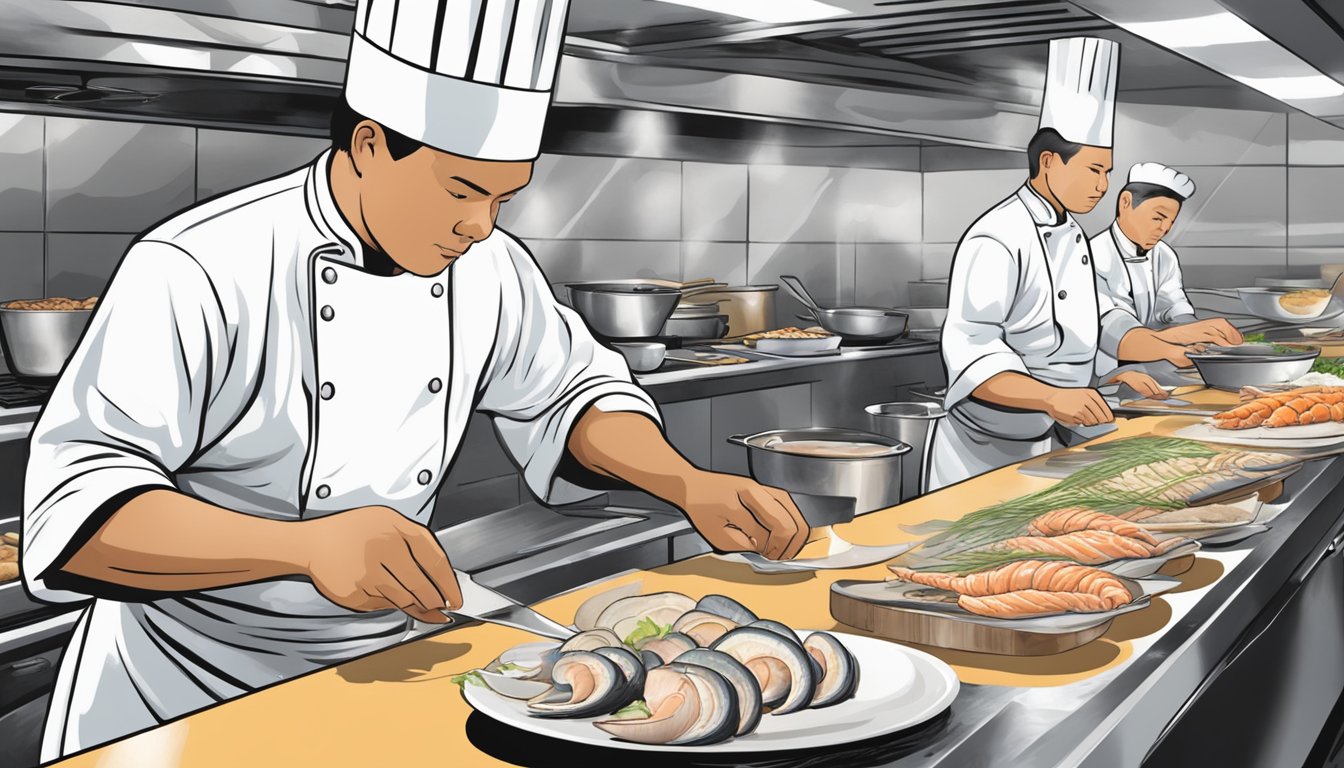 A chef skillfully slices and prepares various seafood as geoduck substitutes for a cooking demonstration