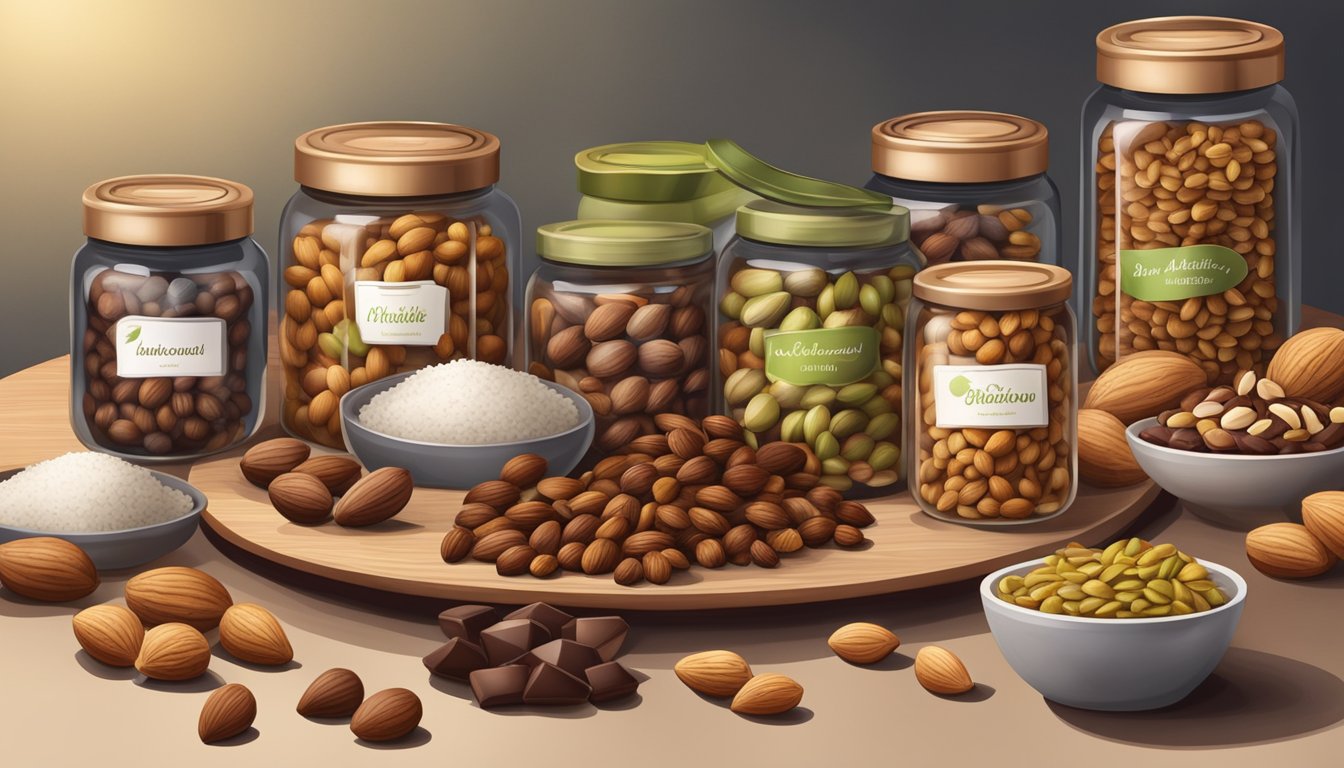 A table with various nuts (hazelnuts, almonds, pistachios) and chocolate, surrounded by jars and bags of ingredients