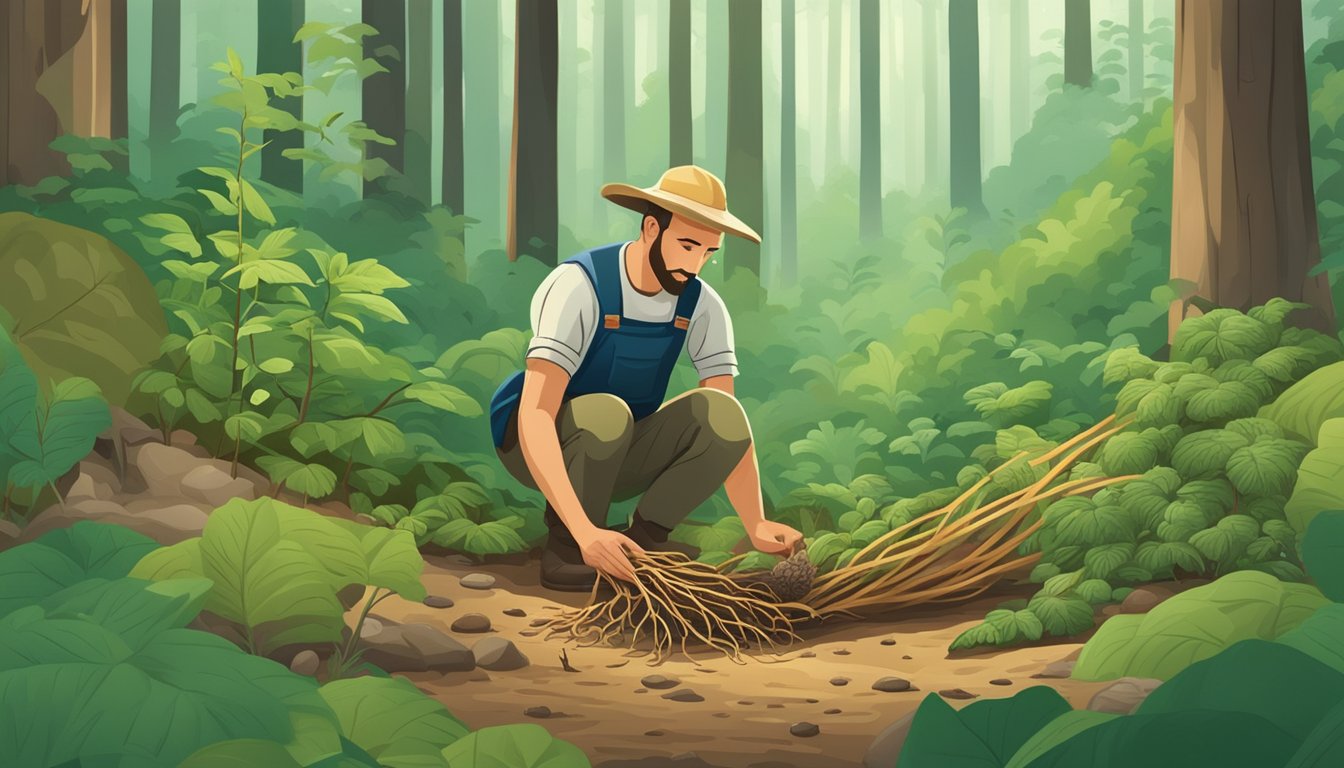 A farmer carefully gathers wild ginseng root from the forest floor, surrounded by tall trees and lush greenery