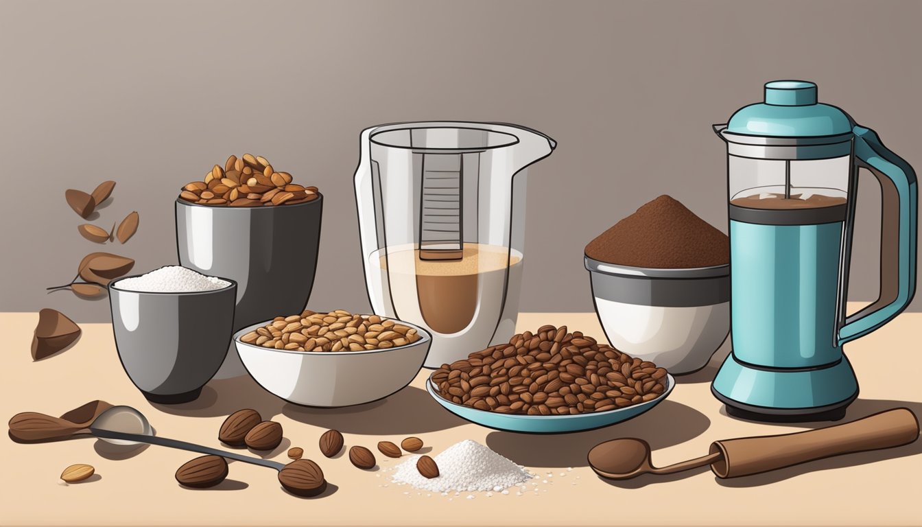 A table with bowls of nuts, cocoa, and sweeteners, next to a blender and mixing tools