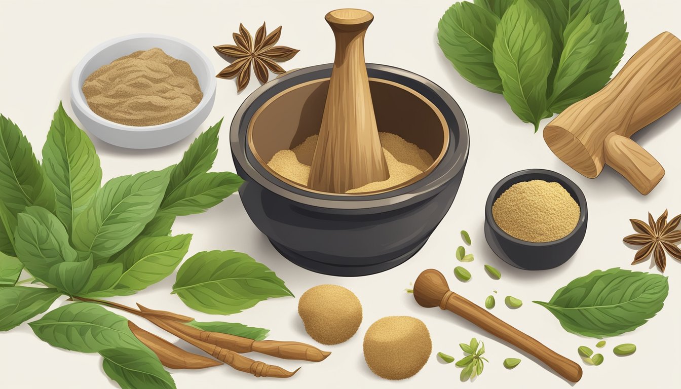 A mortar and pestle grinding alternative ingredients to ginseng powder