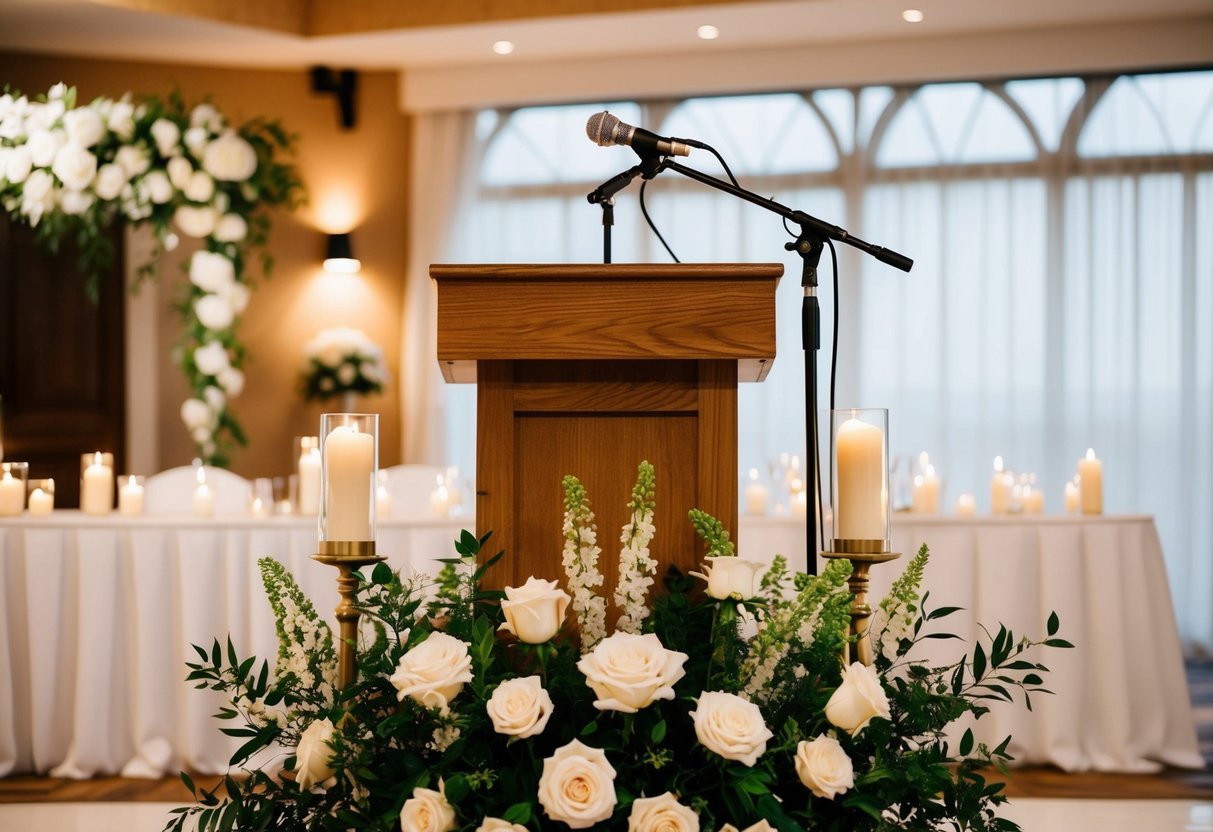 A podium with a microphone stands at the front of a decorated wedding venue, surrounded by flowers and candles